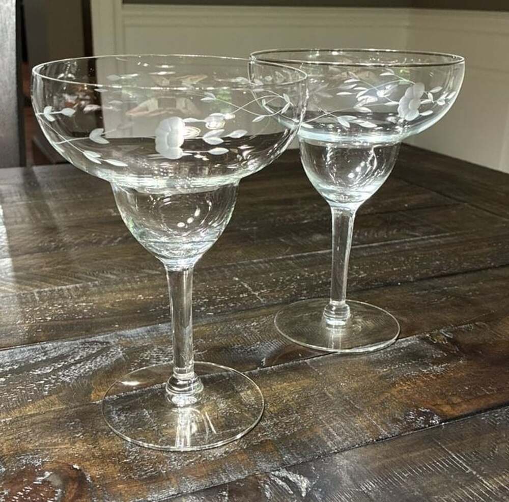Princess House Heritage Etched Floral Crystal Margarita Glasses Set Of 2